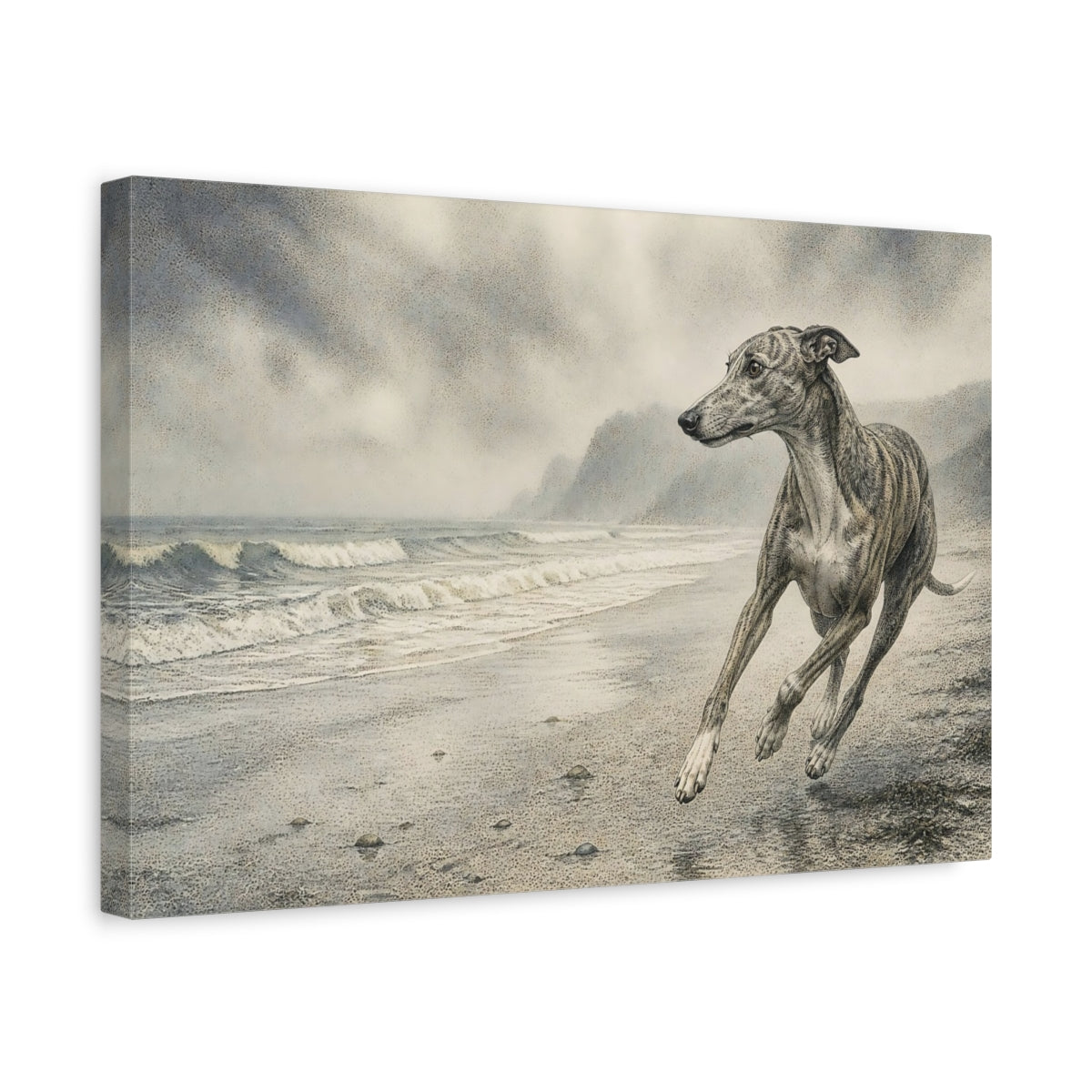 Side Mockup 4. Greyhound On Misty Beach shown as canvas print