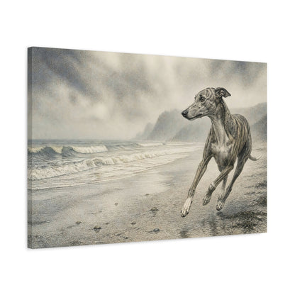 Side Mockup 2. Greyhound On Misty Beach shown as canvas print