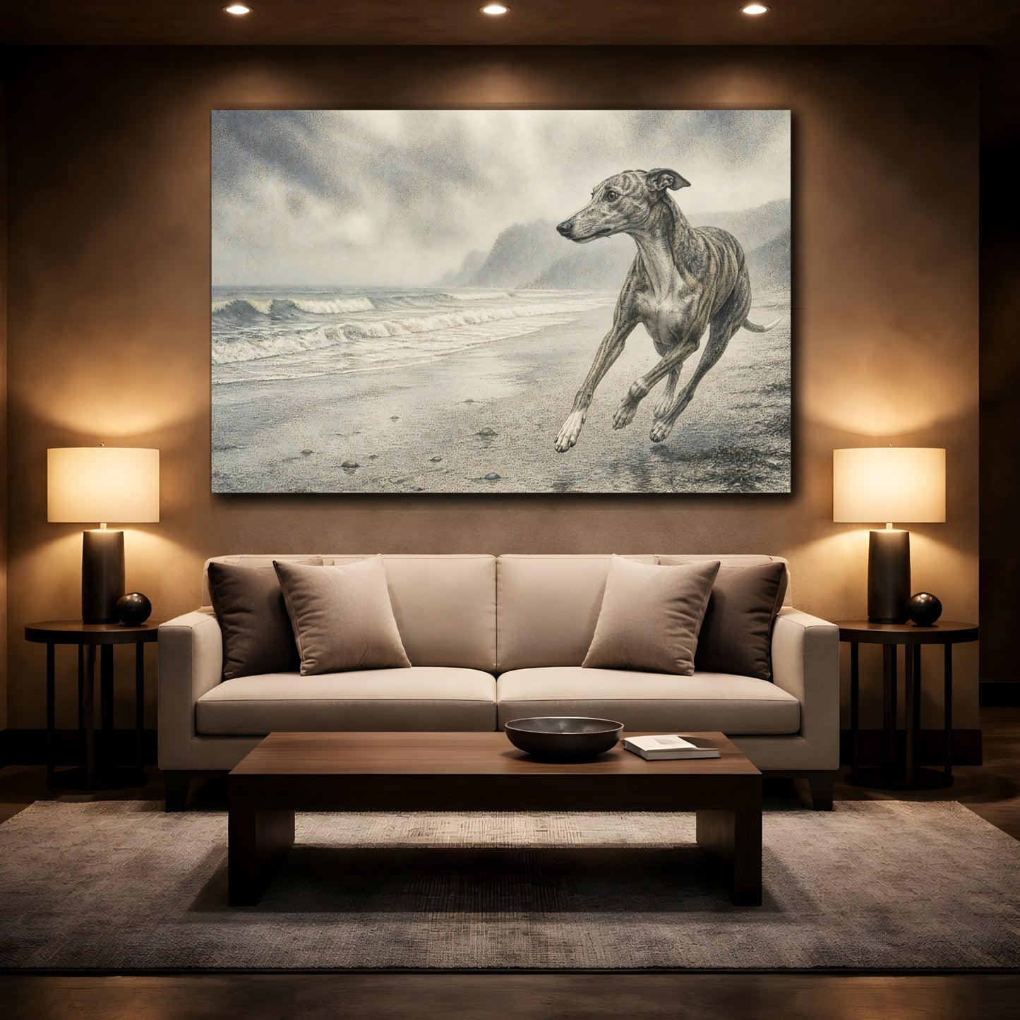 Mockup 2. Greyhound On Misty Beach shown as canvas print