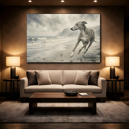 Mockup 2. Greyhound On Misty Beach shown as canvas print