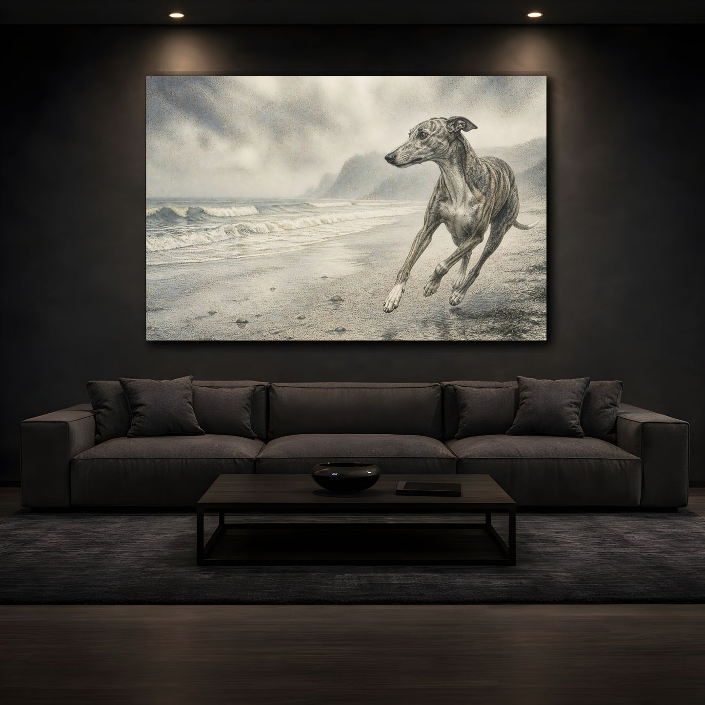 Mockup 3. Greyhound On Misty Beach shown as canvas print