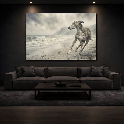 Mockup 3. Greyhound On Misty Beach shown as canvas print