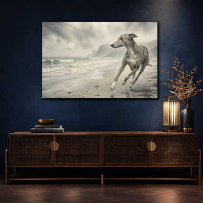 Mockup 4. Greyhound On Misty Beach shown as canvas print