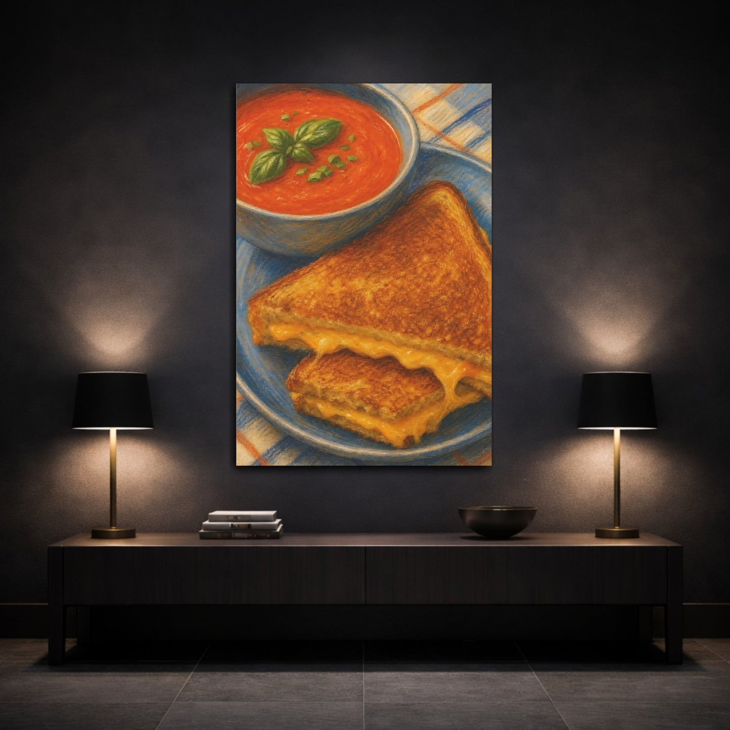 Mockup 3. Grilled Cheese And Tomato Soup shown as canvas print