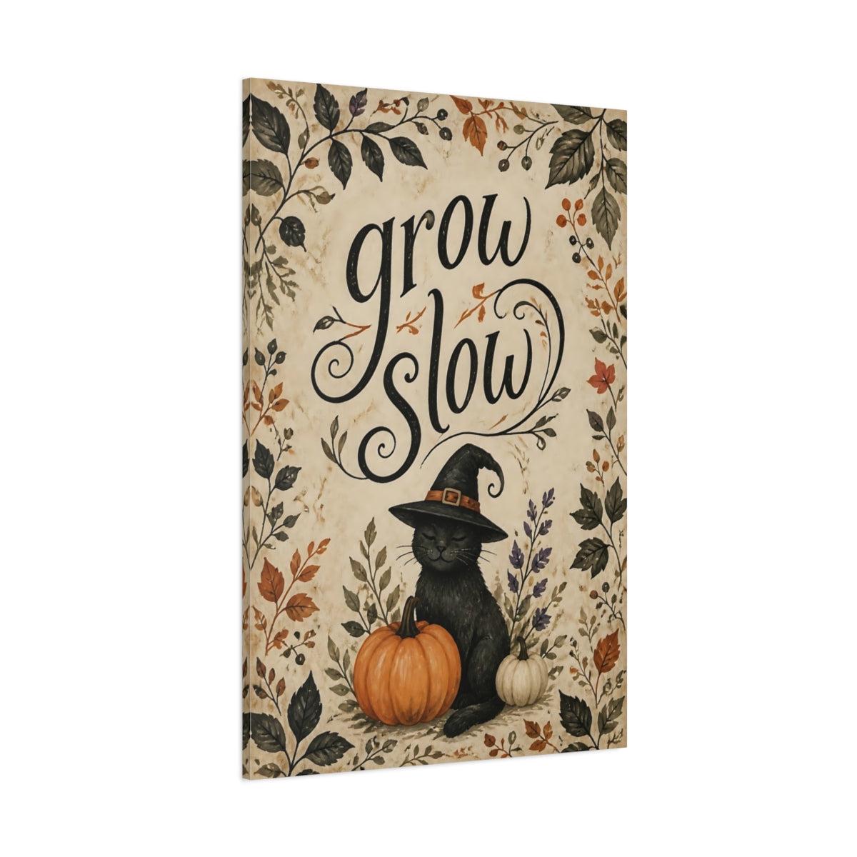 Side Mockup 1. Grow Slow Cat Quote shown as canvas print