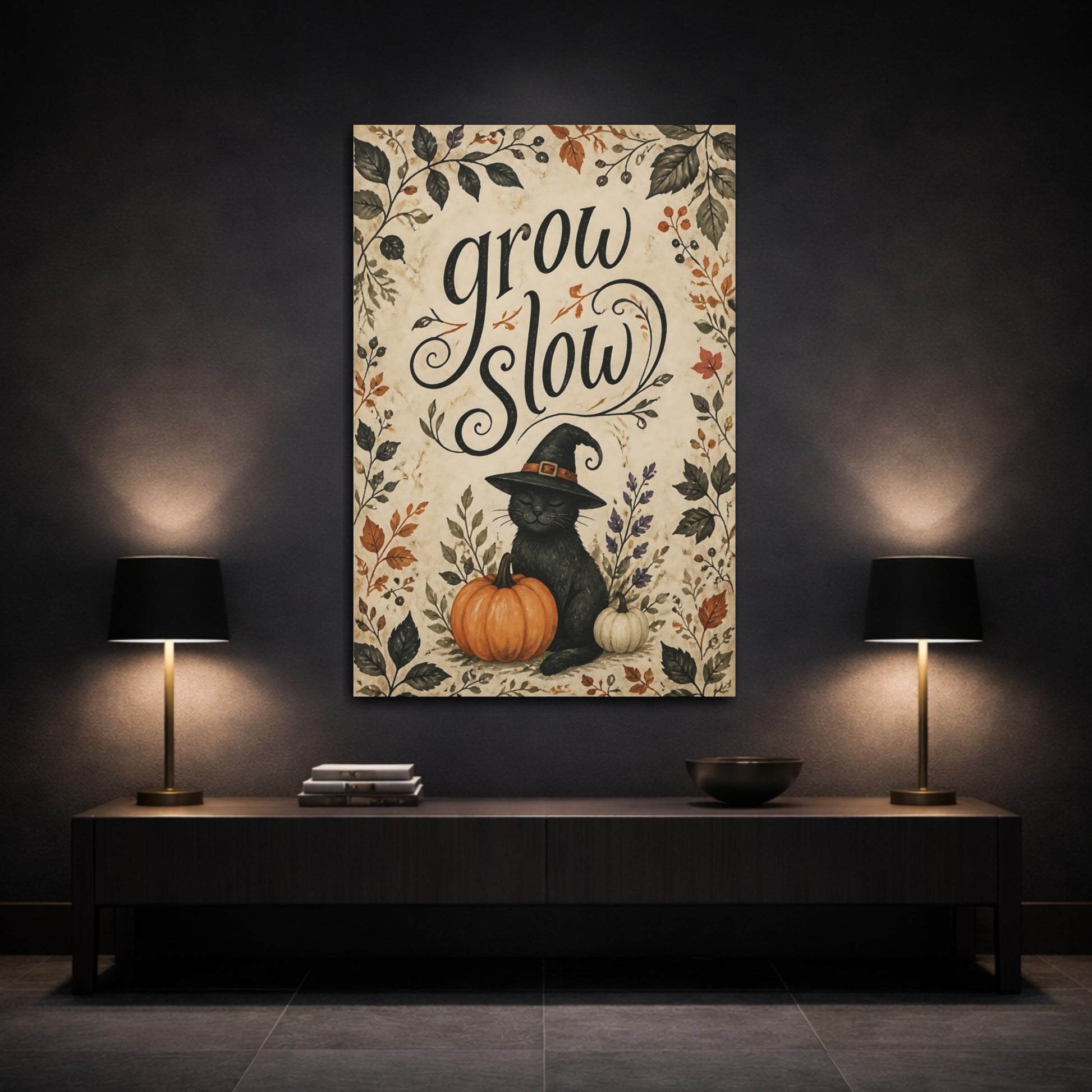 Mockup 3. Grow Slow Cat Quote shown as canvas print