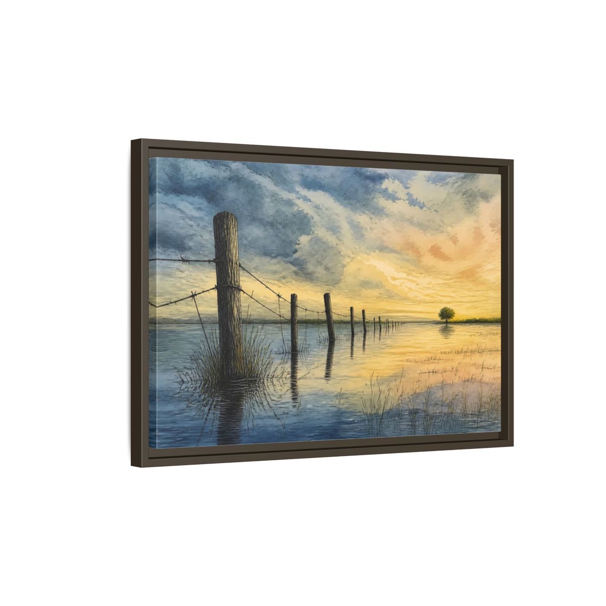 Side Mockup 2. Half-Submerged Fence At Dusk shown as framed canvas print