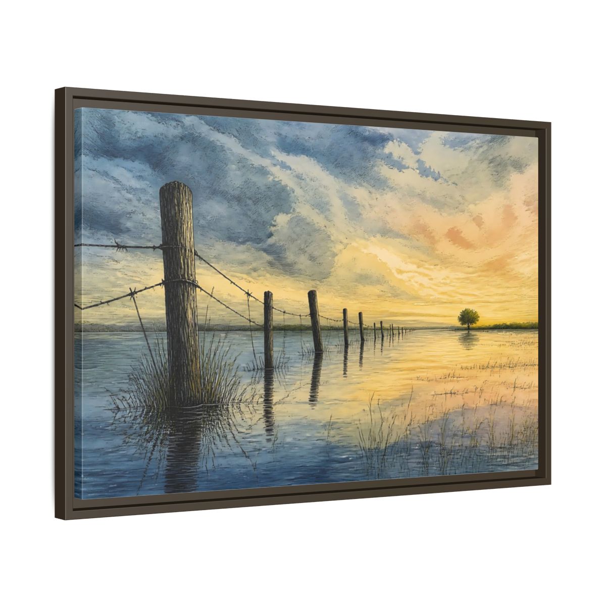 Side Mockup 11. Half-Submerged Fence At Dusk shown as framed canvas print