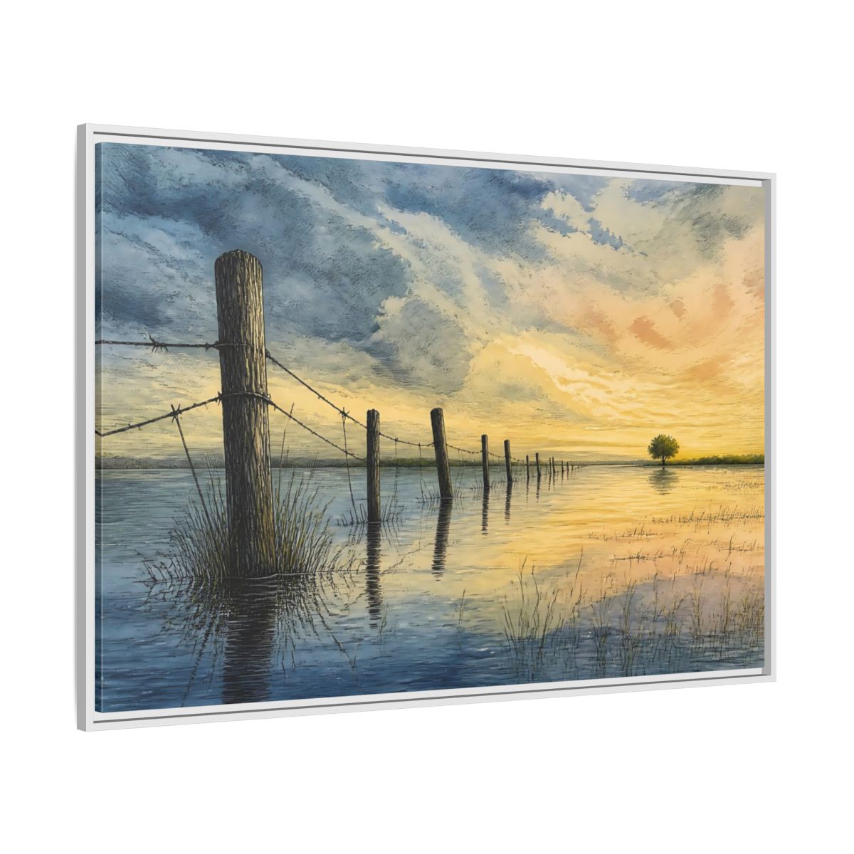 Side Mockup 7. Half-Submerged Fence At Dusk shown as framed canvas print