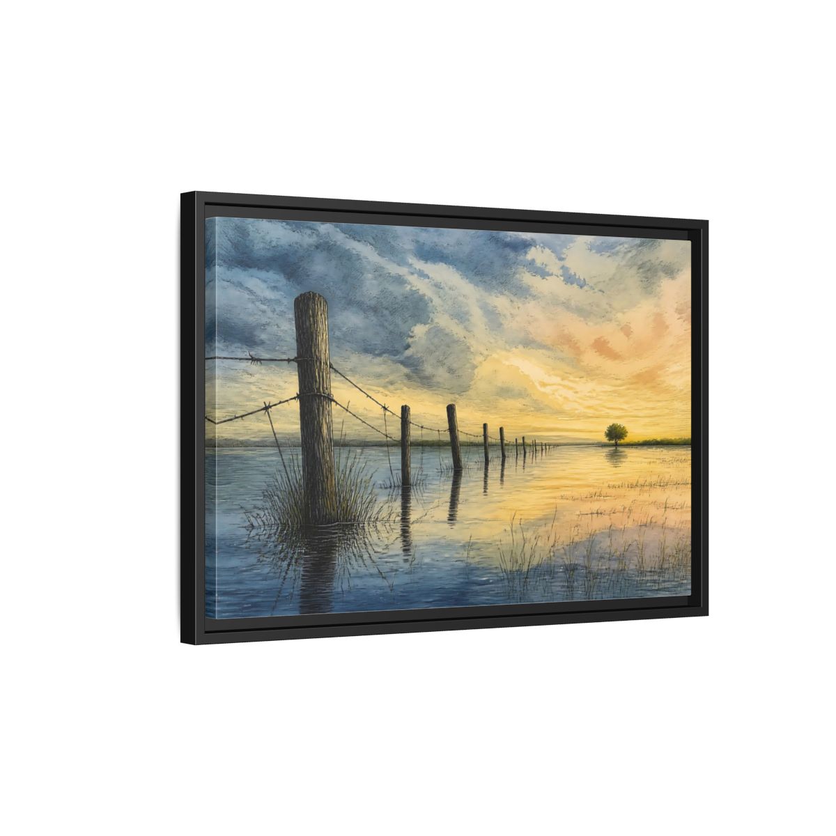 Side Mockup 3. Half-Submerged Fence At Dusk shown as framed canvas print
