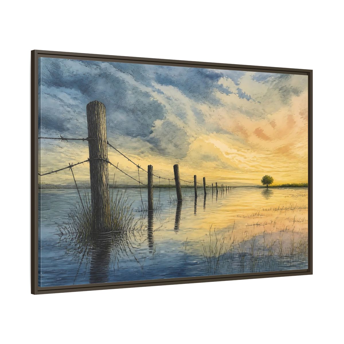 Side Mockup 8. Half-Submerged Fence At Dusk shown as framed canvas print