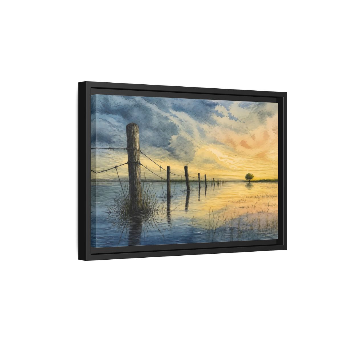 Side Mockup 6. Half-Submerged Fence At Dusk shown as framed canvas print