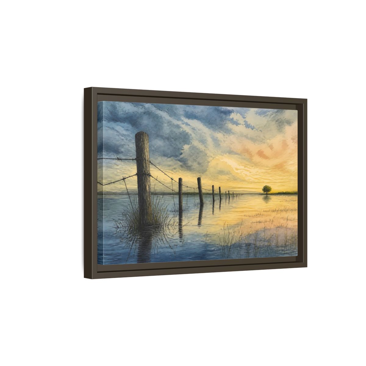 Side Mockup 5. Half-Submerged Fence At Dusk shown as framed canvas print