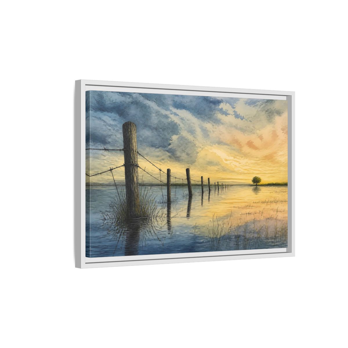 Side Mockup 1. Half-Submerged Fence At Dusk shown as framed canvas print