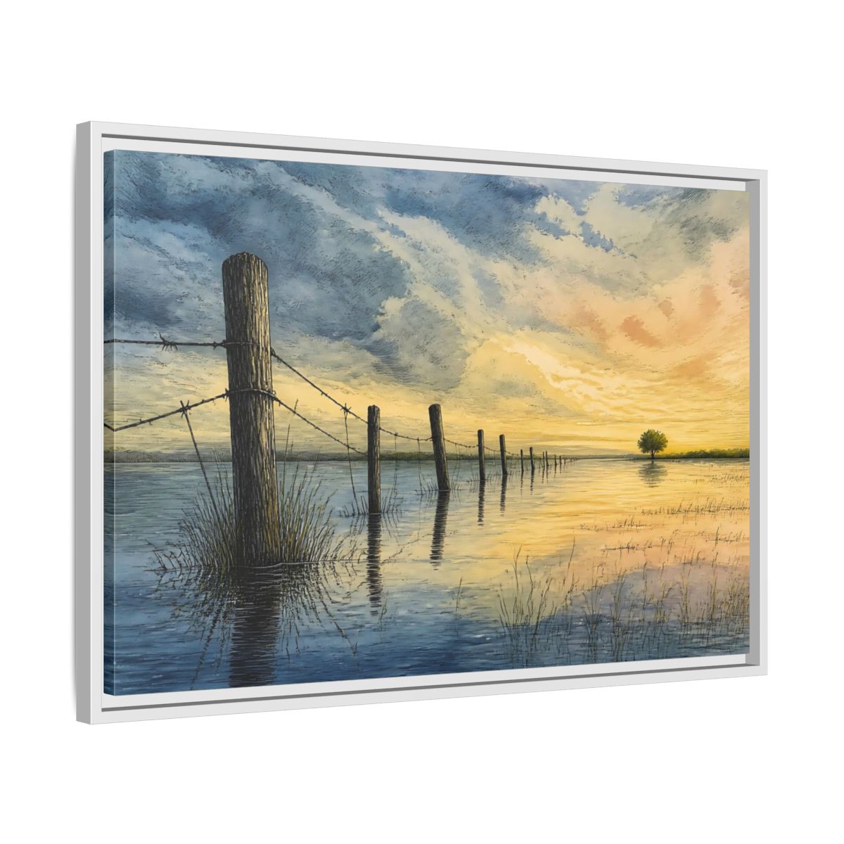 Side Mockup 10. Half-Submerged Fence At Dusk shown as framed canvas print