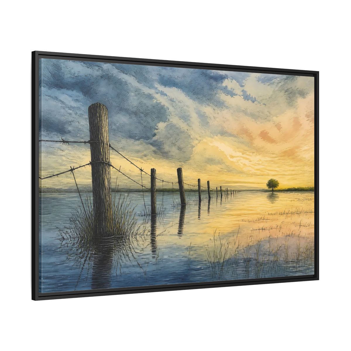 Side Mockup 12. Half-Submerged Fence At Dusk shown as framed canvas print