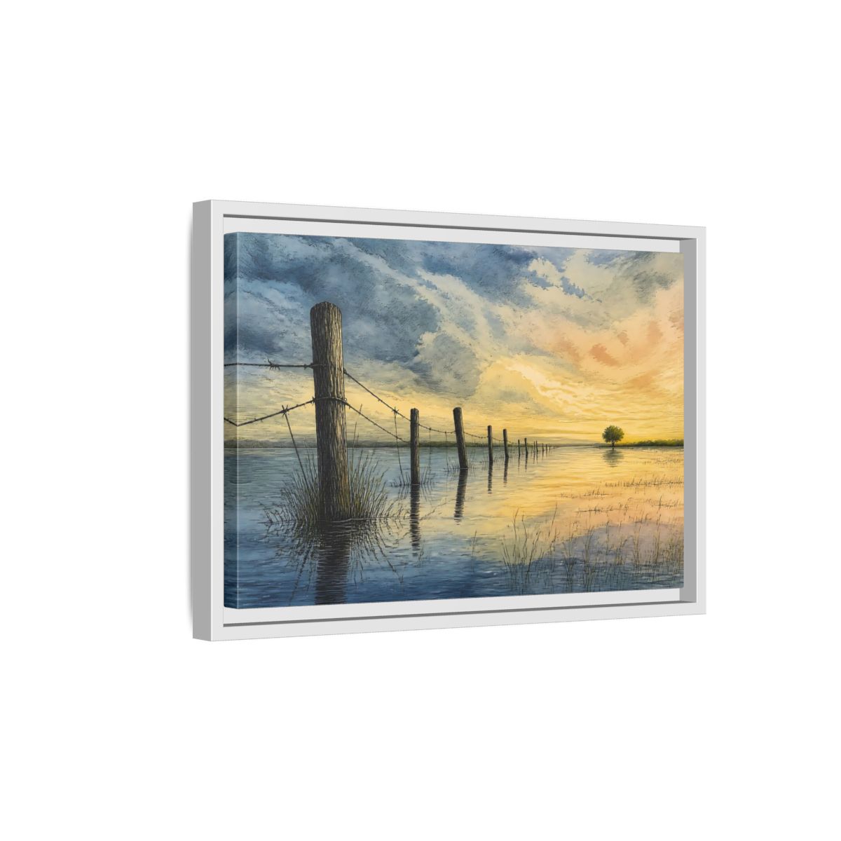 Side Mockup 4. Half-Submerged Fence At Dusk shown as framed canvas print