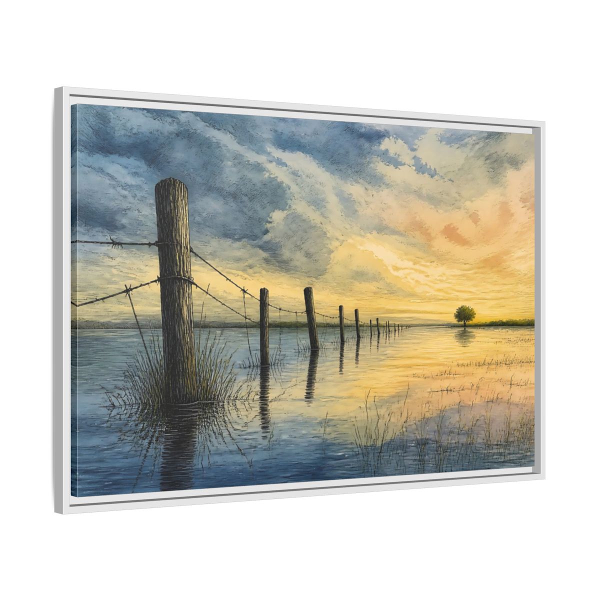 Side Mockup 9. Half-Submerged Fence At Dusk shown as framed canvas print