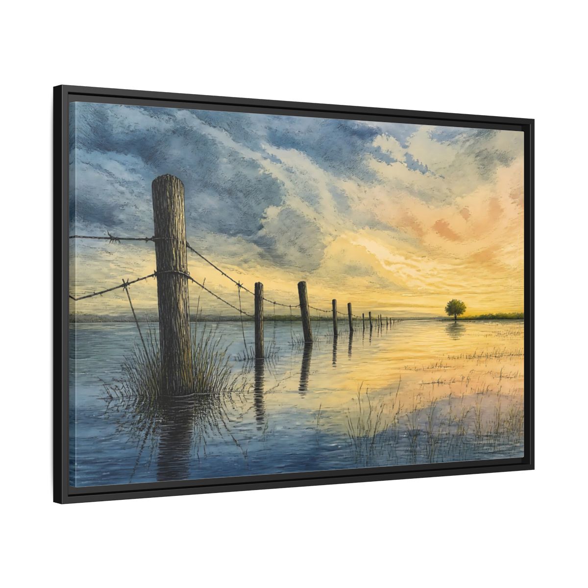 Side Mockup 13. Half-Submerged Fence At Dusk shown as framed canvas print
