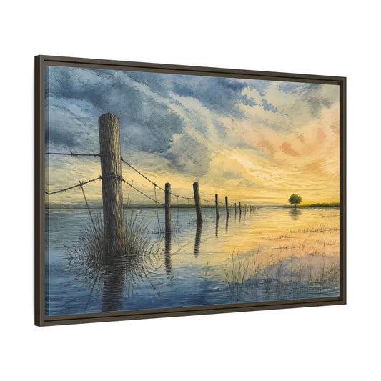 Main Mockup. Half-Submerged Fence At Dusk shown as framed canvas print