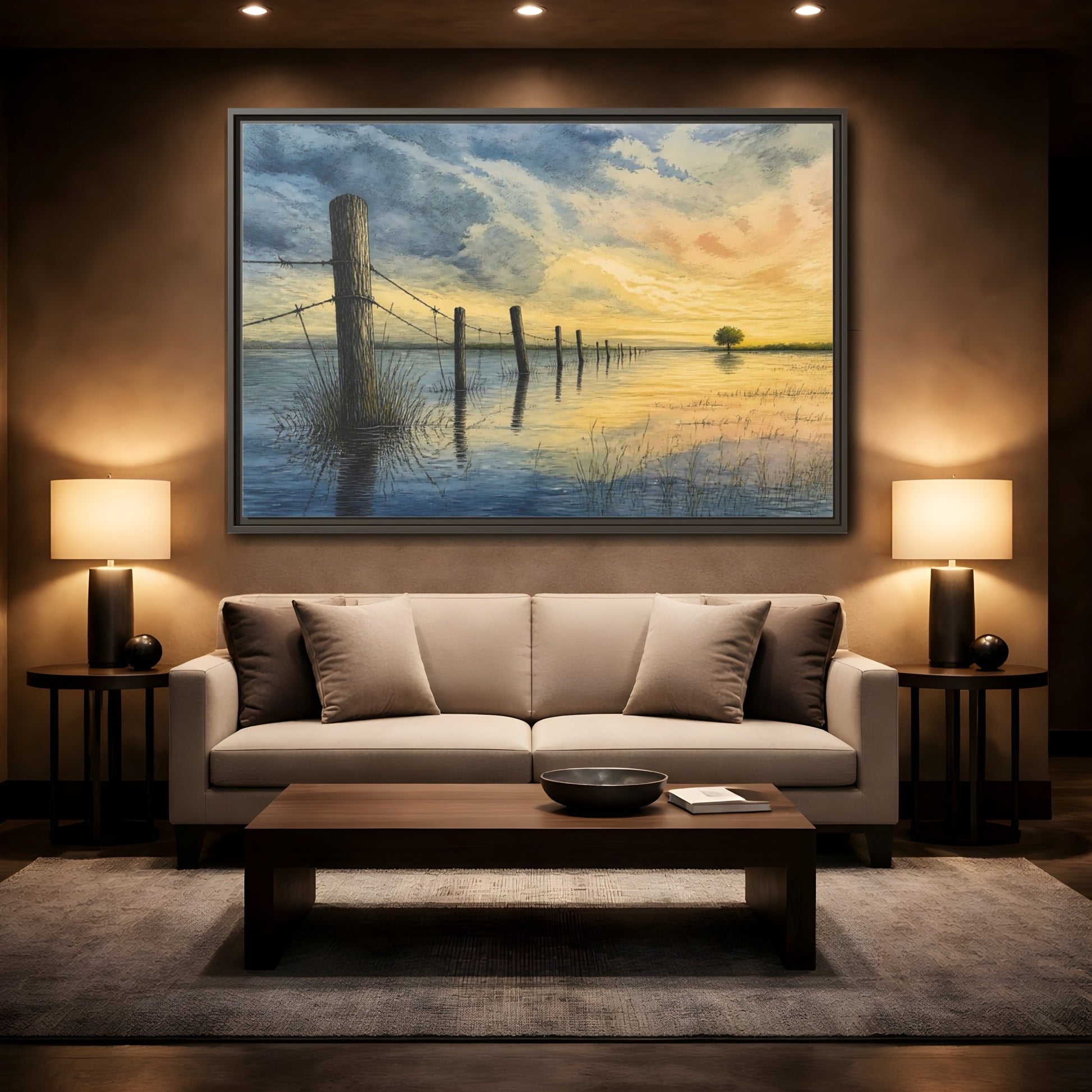 Mockup 2. Half-Submerged Fence At Dusk shown as framed canvas print