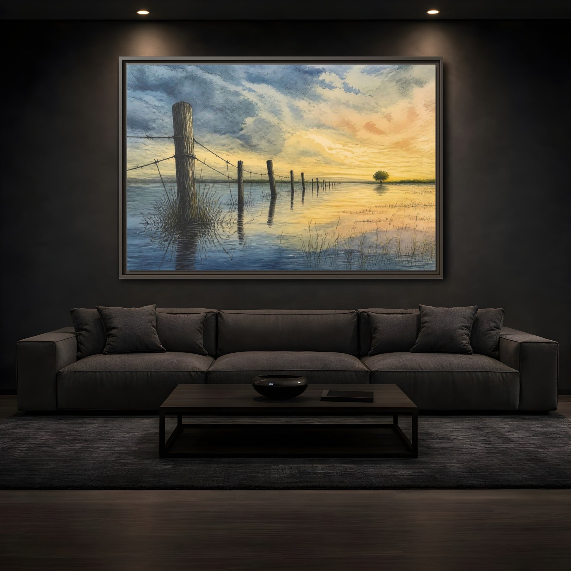 Mockup 3. Half-Submerged Fence At Dusk shown as framed canvas print