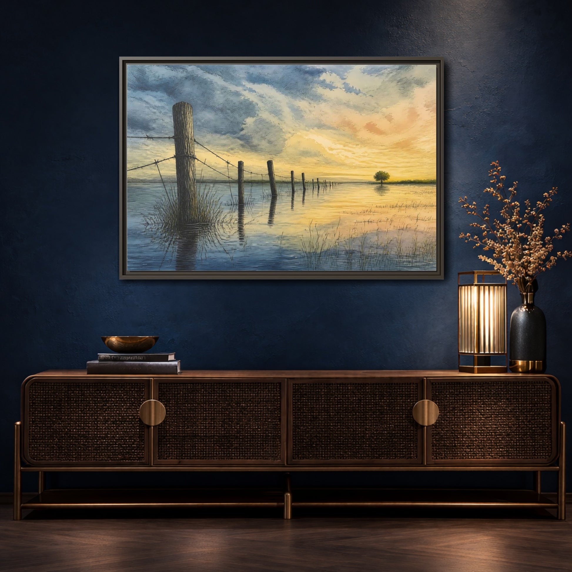 Mockup 4. Half-Submerged Fence At Dusk shown as framed canvas print