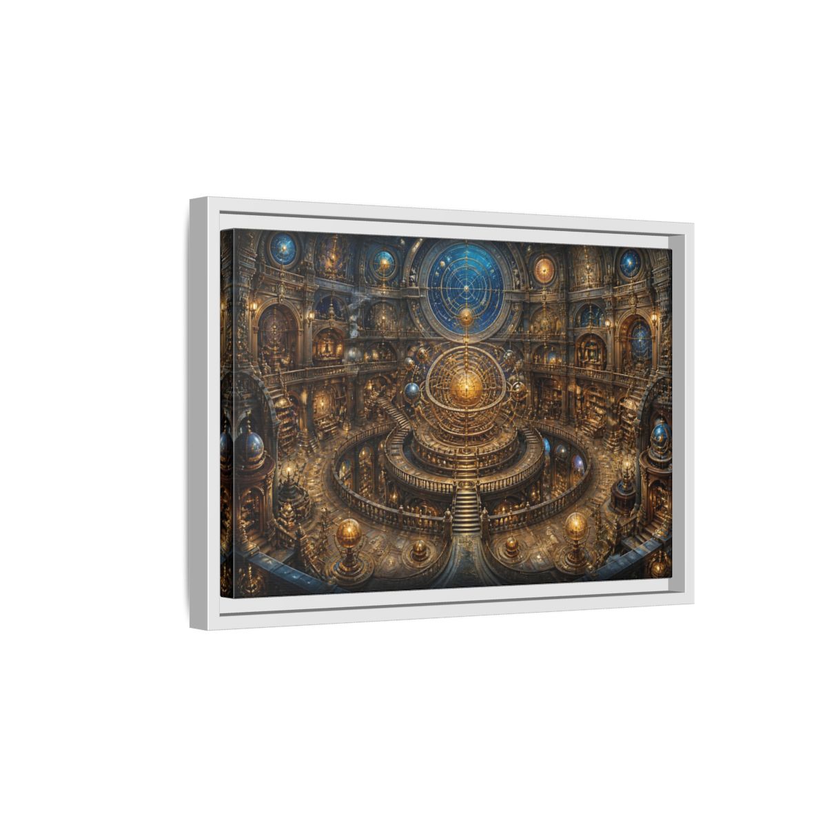 Side Mockup 4. Hall Of The Golden Orrery shown as framed canvas print