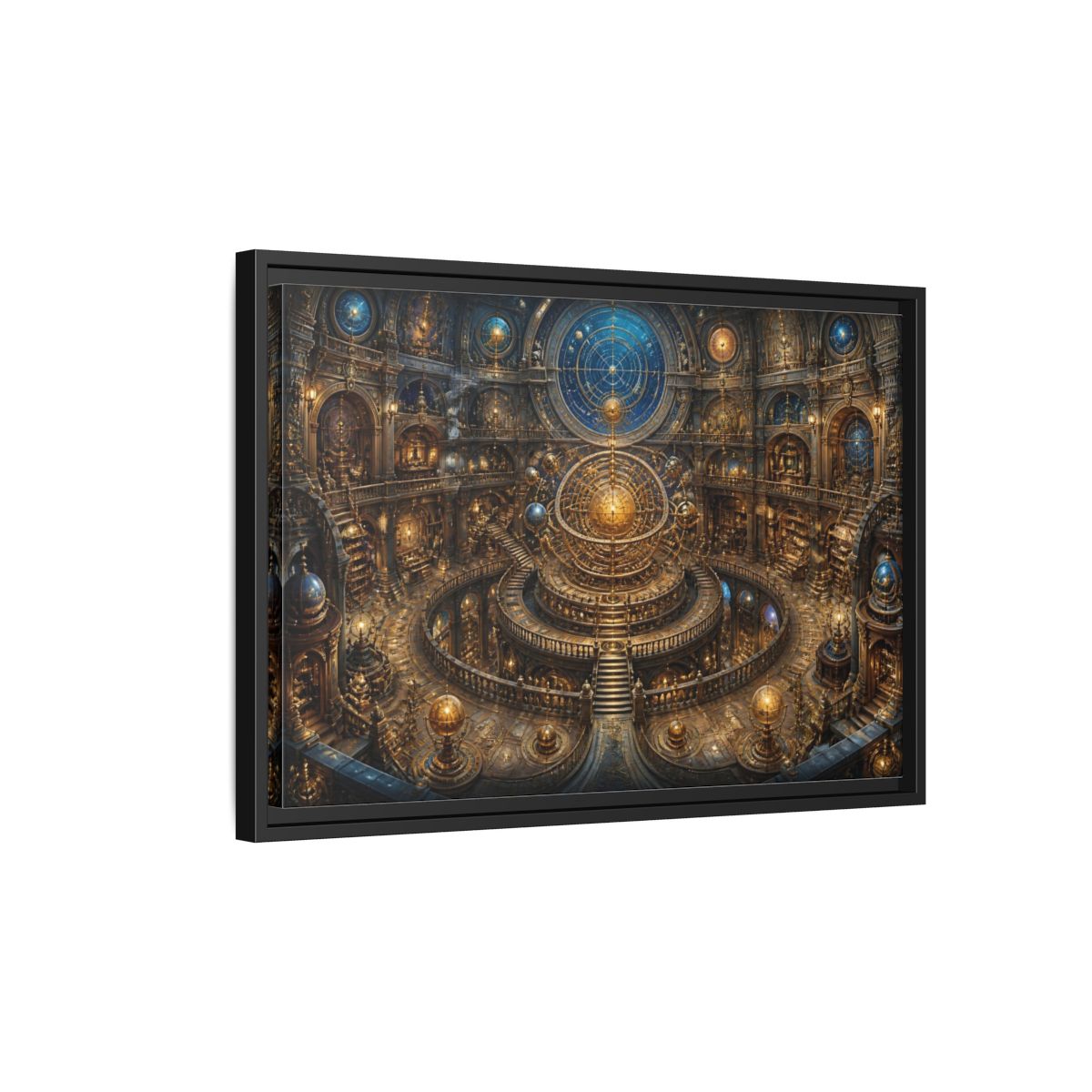 Side Mockup 3. Hall Of The Golden Orrery shown as framed canvas print
