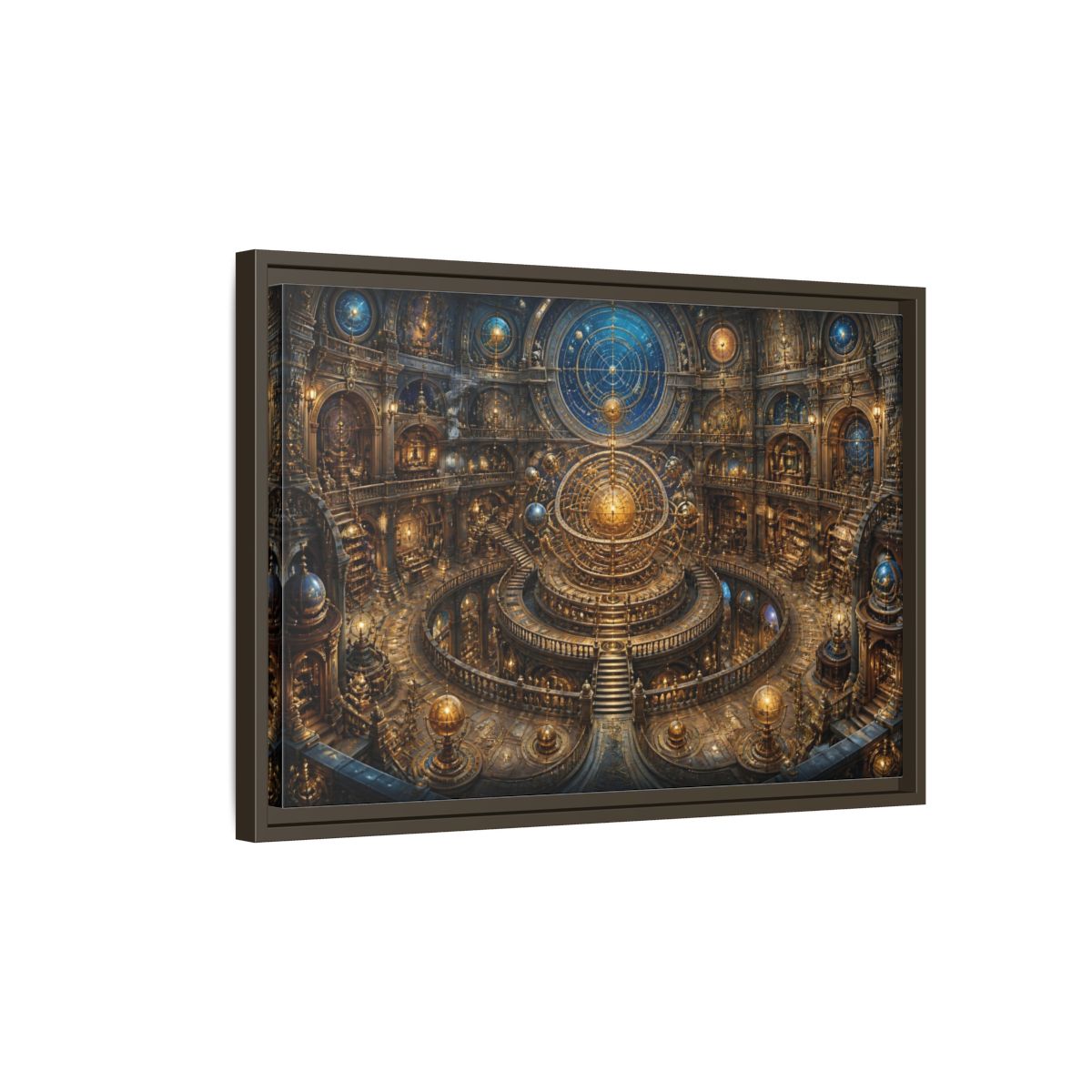 Side Mockup 2. Hall Of The Golden Orrery shown as framed canvas print