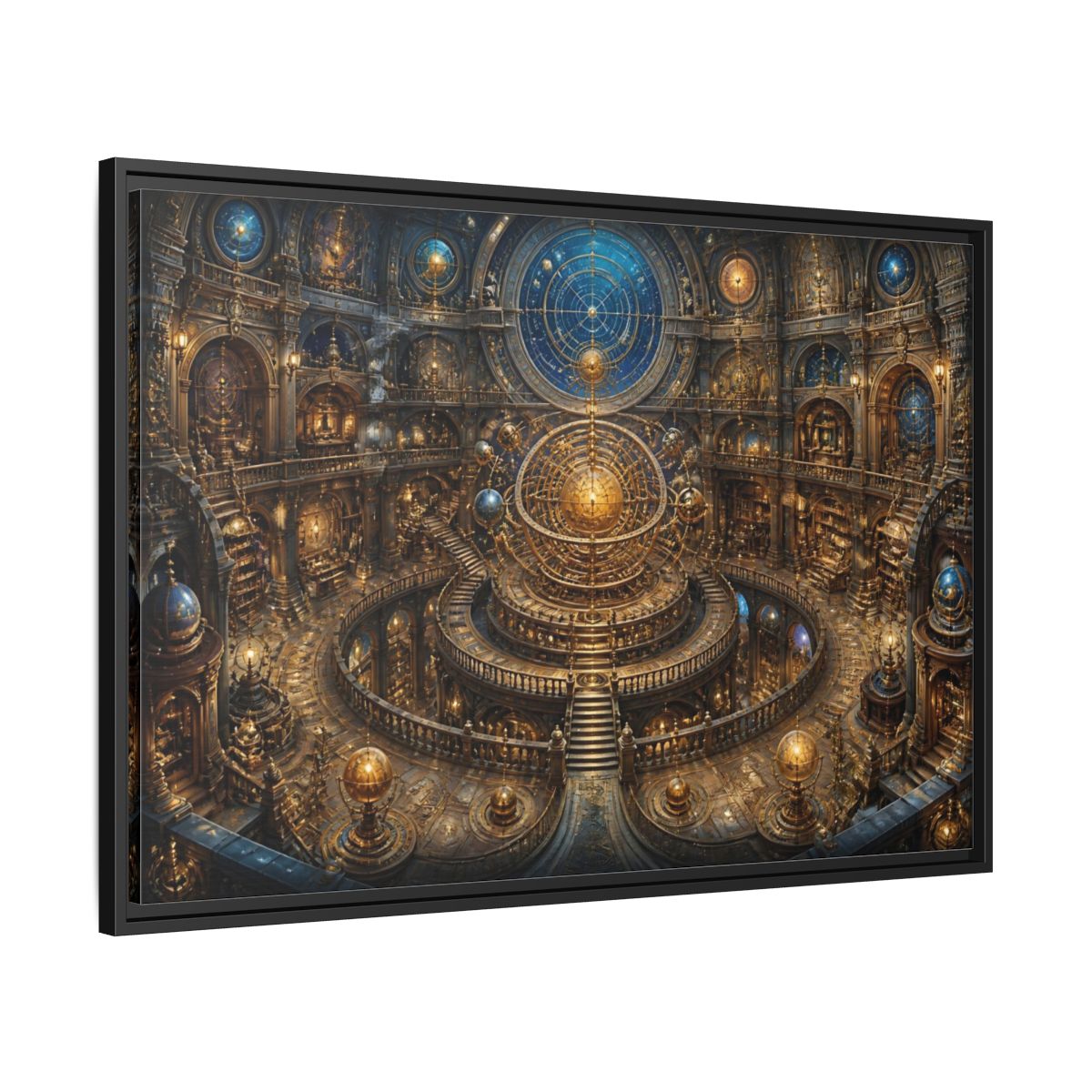 Side Mockup 13. Hall Of The Golden Orrery shown as framed canvas print