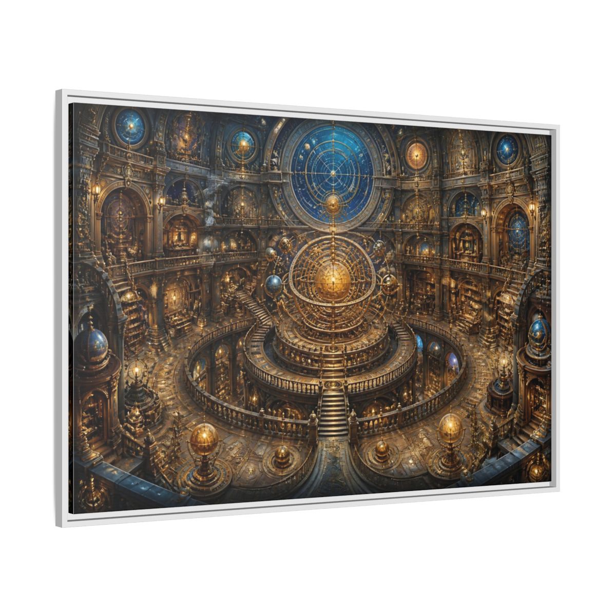 Side Mockup 7. Hall Of The Golden Orrery shown as framed canvas print