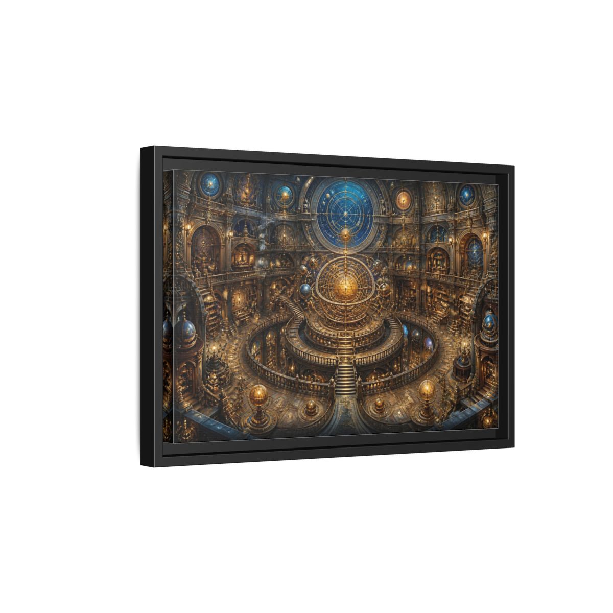 Side Mockup 6. Hall Of The Golden Orrery shown as framed canvas print