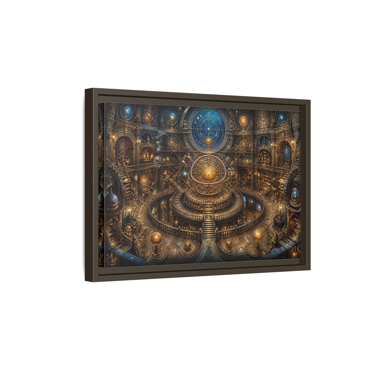 Side Mockup 5. Hall Of The Golden Orrery shown as framed canvas print