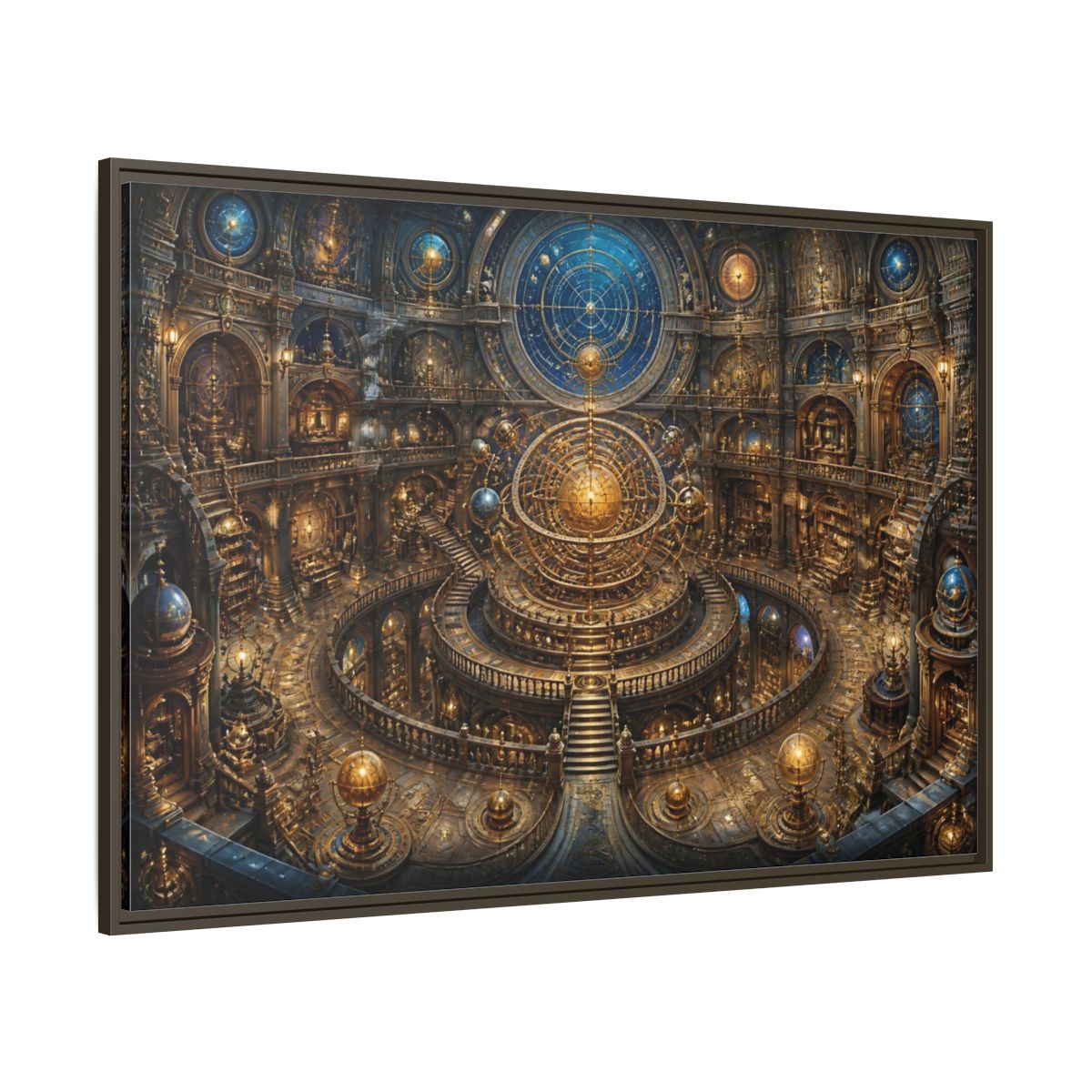 Side Mockup 8. Hall Of The Golden Orrery shown as framed canvas print