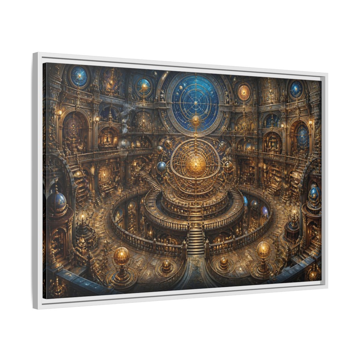 Side Mockup 9. Hall Of The Golden Orrery shown as framed canvas print