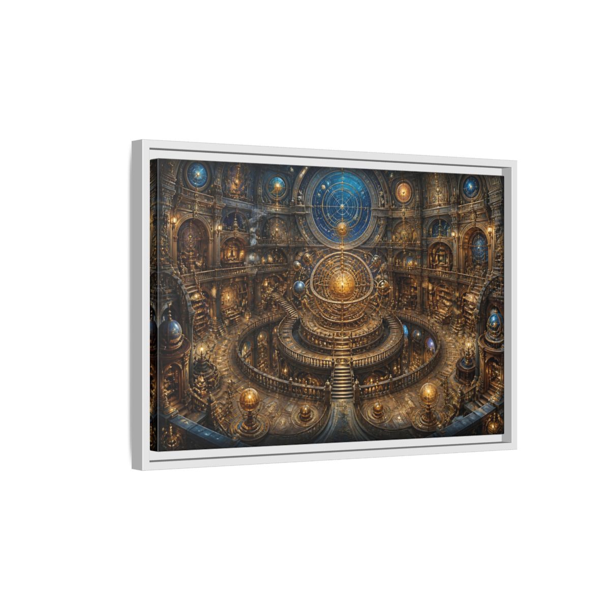 Side Mockup 1. Hall Of The Golden Orrery shown as framed canvas print