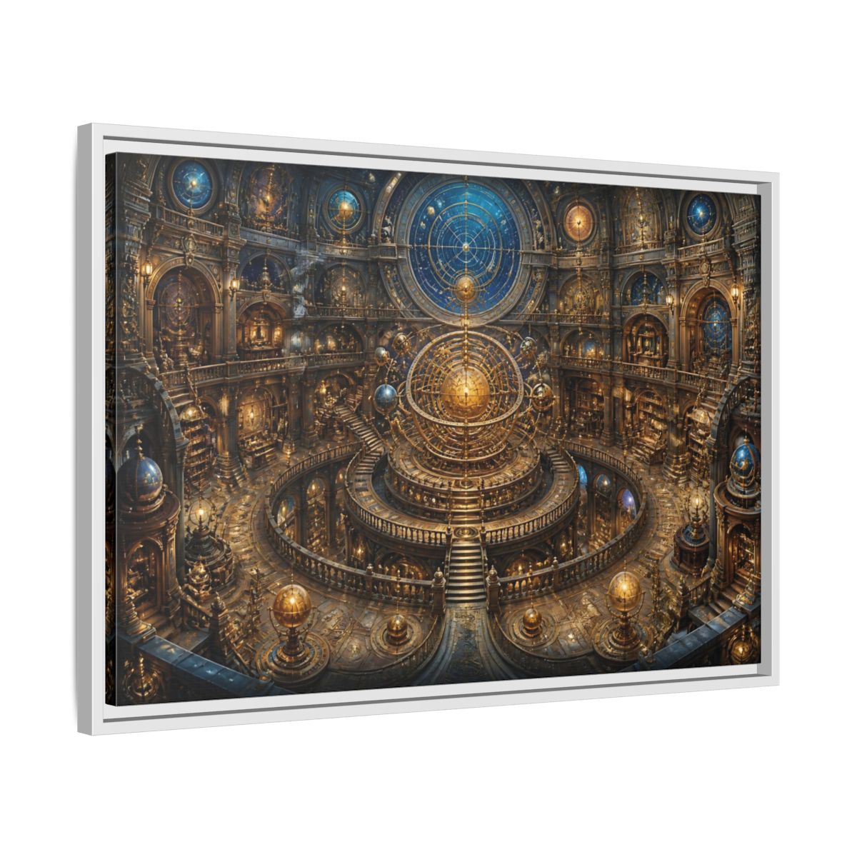 Side Mockup 10. Hall Of The Golden Orrery shown as framed canvas print