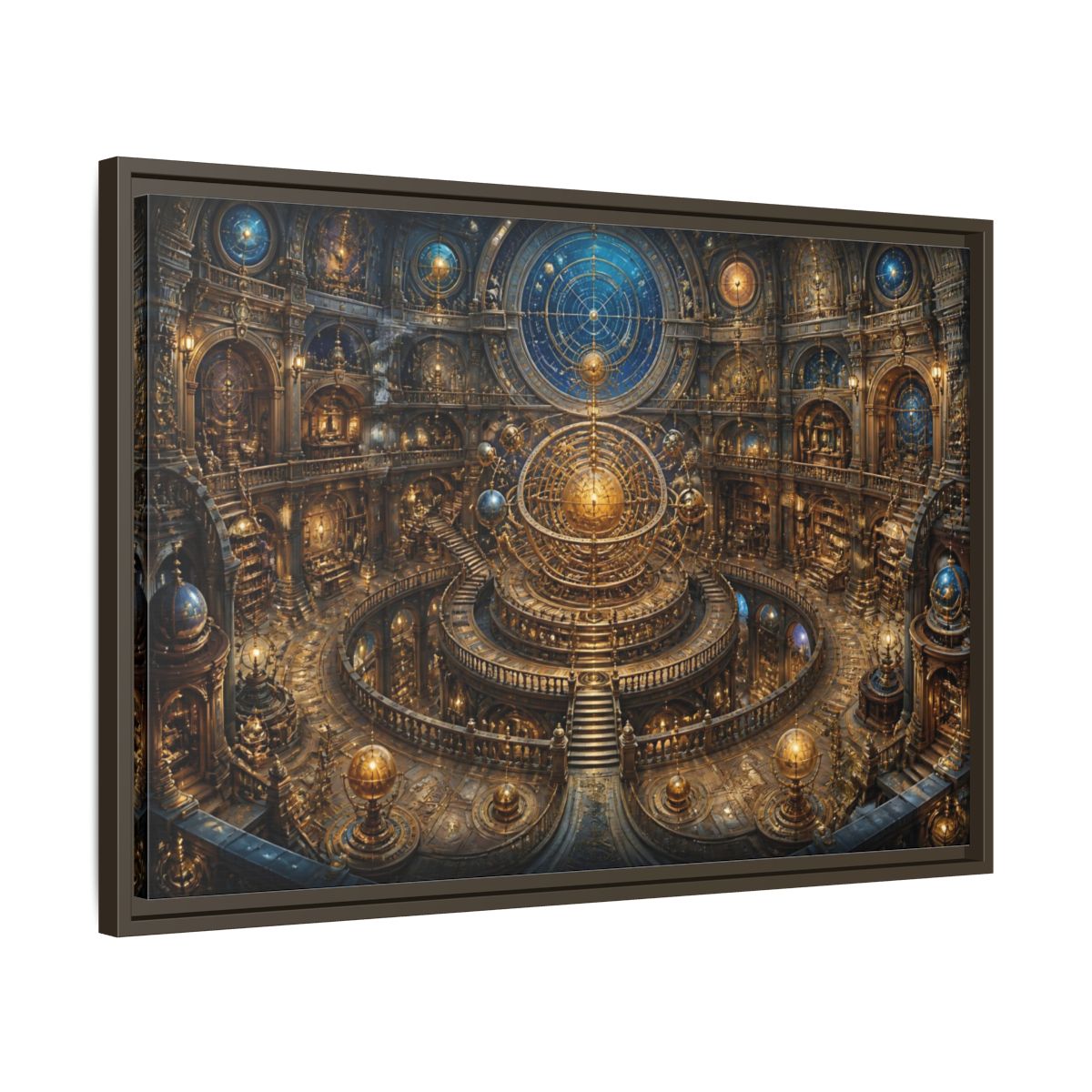 Side Mockup 11. Hall Of The Golden Orrery shown as framed canvas print