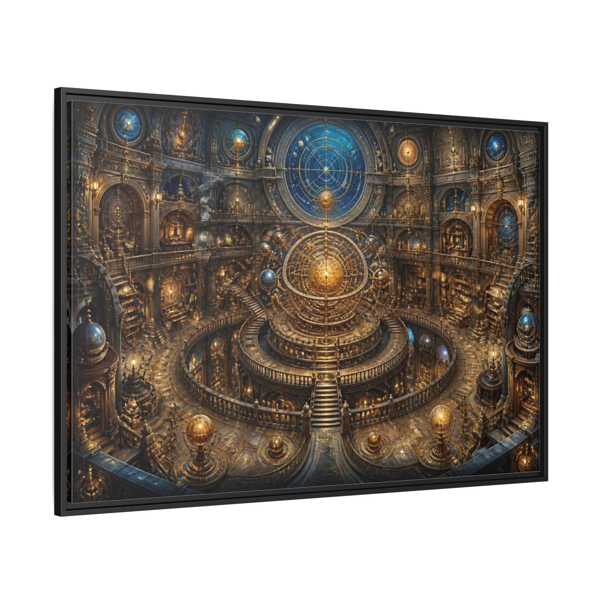 Side Mockup 12. Hall Of The Golden Orrery shown as framed canvas print