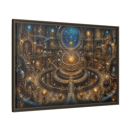 Main Mockup. Hall Of The Golden Orrery shown as framed canvas print