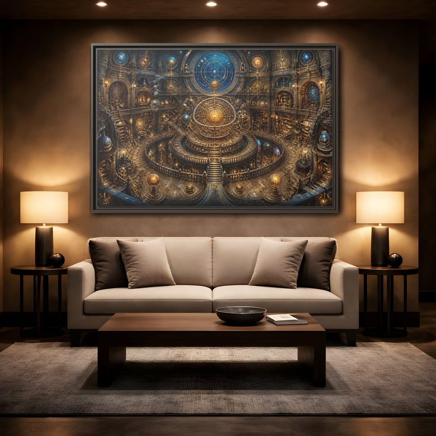 Mockup 2. Hall Of The Golden Orrery shown as framed canvas print