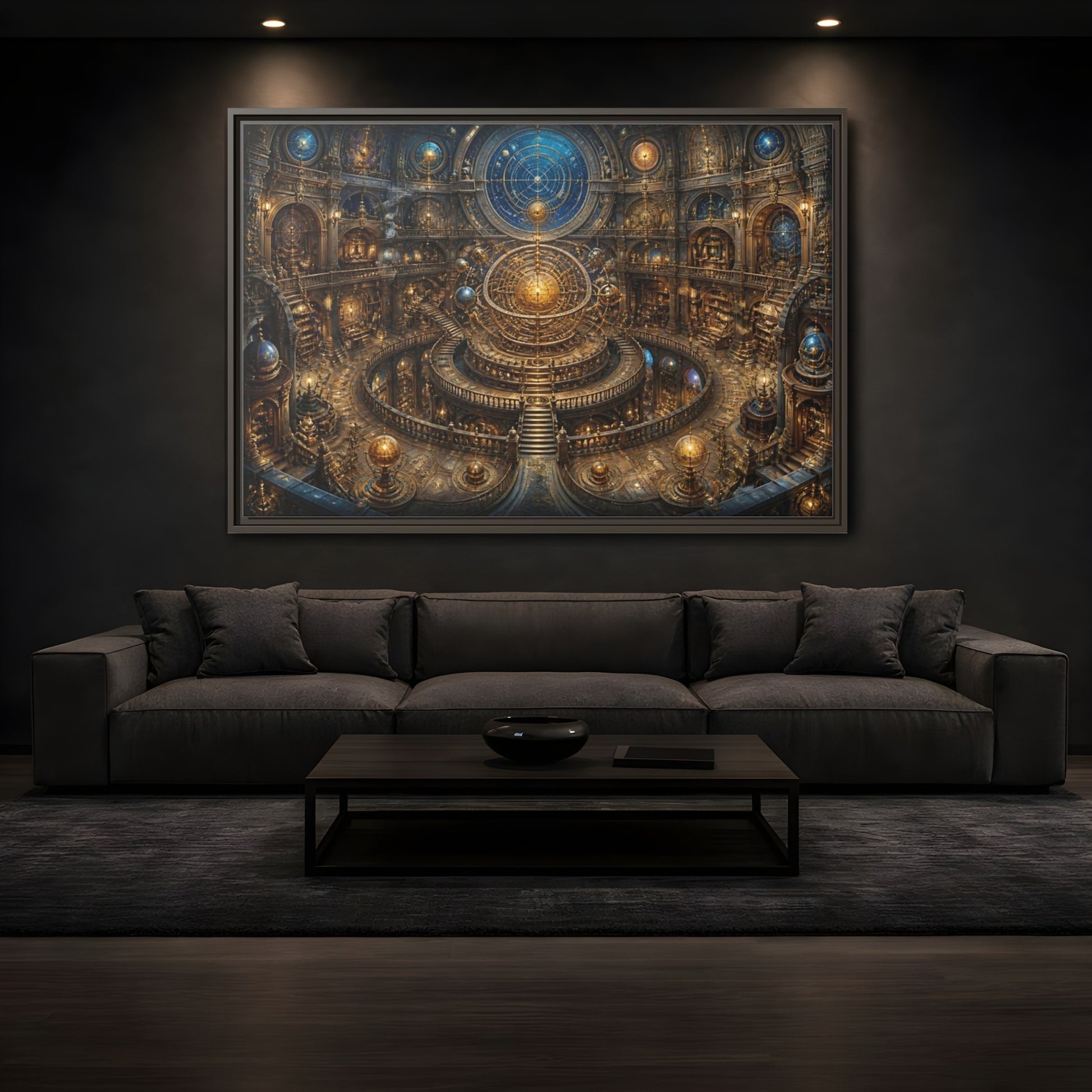 Mockup 3. Hall Of The Golden Orrery shown as framed canvas print