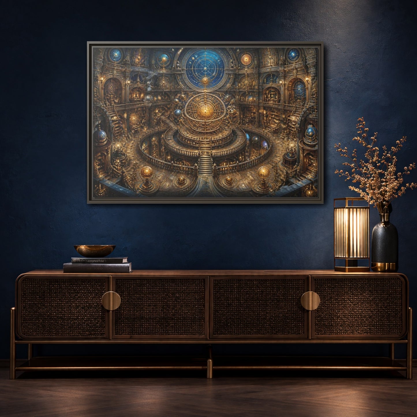 Mockup 4. Hall Of The Golden Orrery shown as framed canvas print