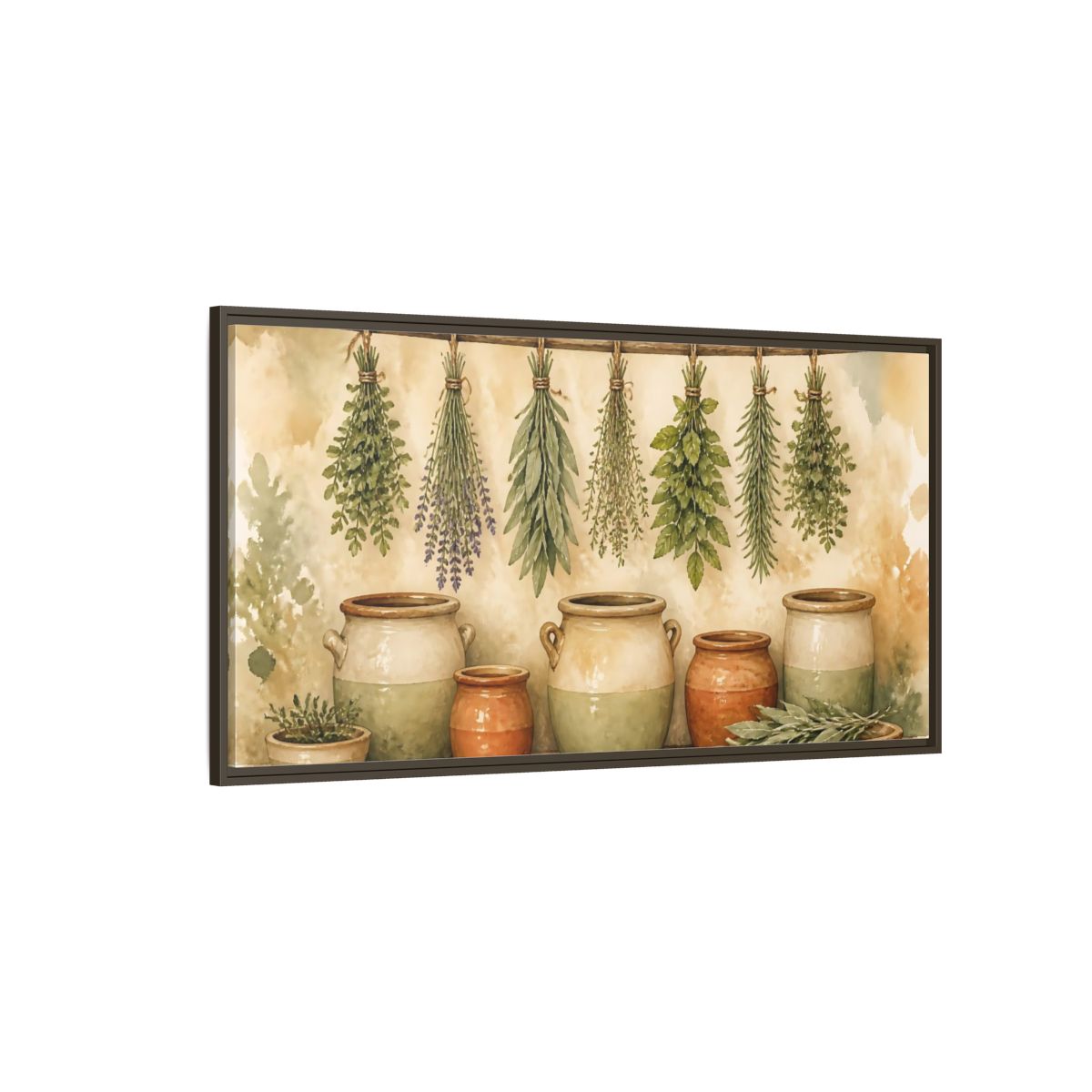 Side Mockup 4. Hanging Herbs And Crocks shown as framed canvas print