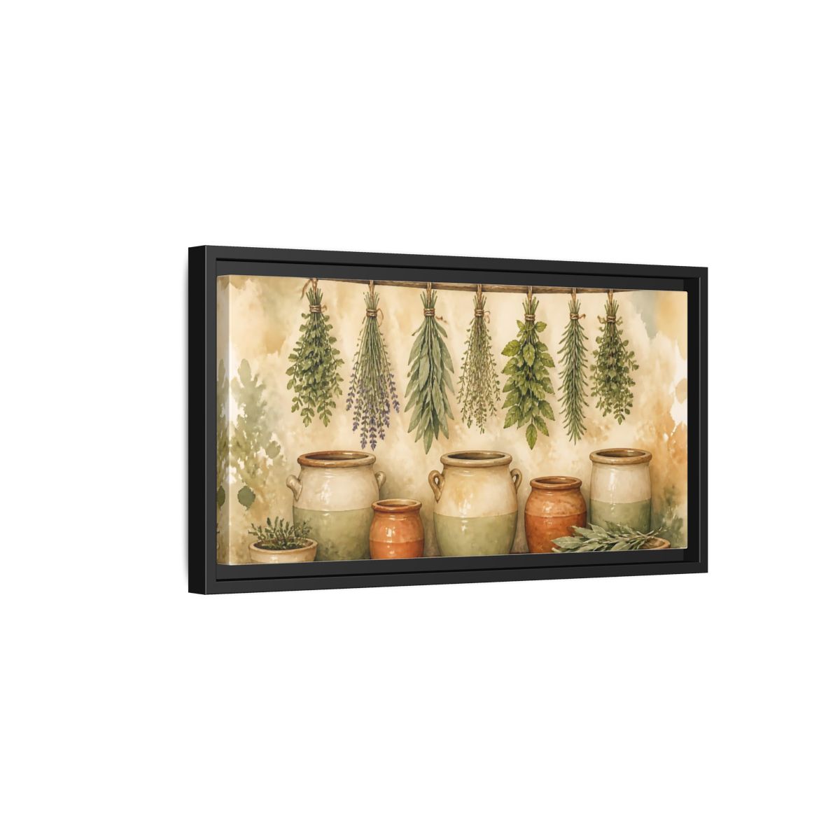 Side Mockup 8. Hanging Herbs And Crocks shown as framed canvas print
