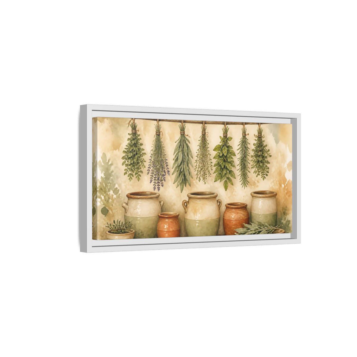 Side Mockup 6. Hanging Herbs And Crocks shown as framed canvas print
