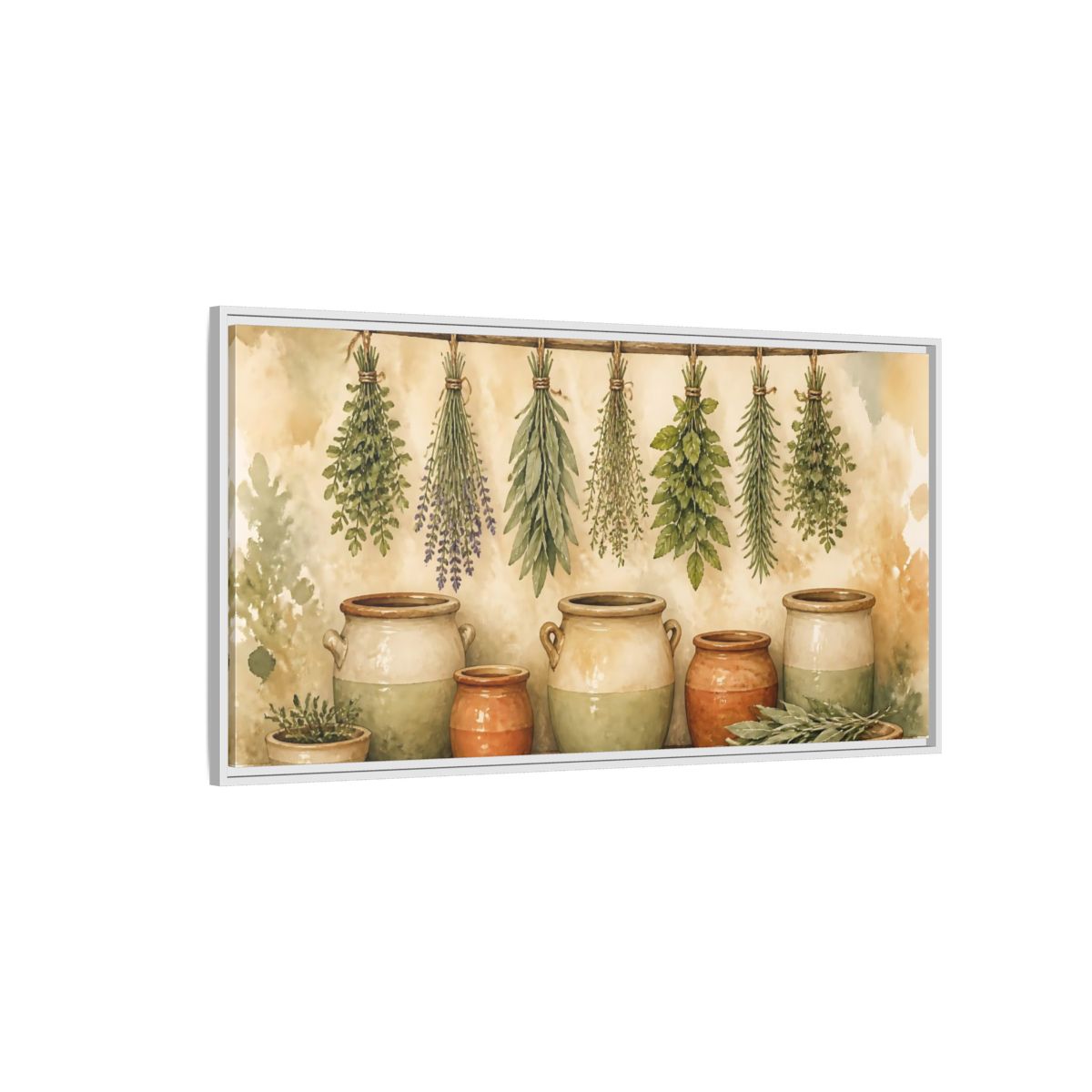 Side Mockup 3. Hanging Herbs And Crocks shown as framed canvas print