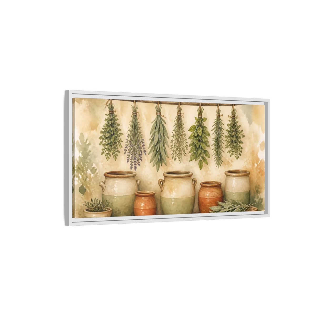 Side Mockup 1. Hanging Herbs And Crocks shown as framed canvas print