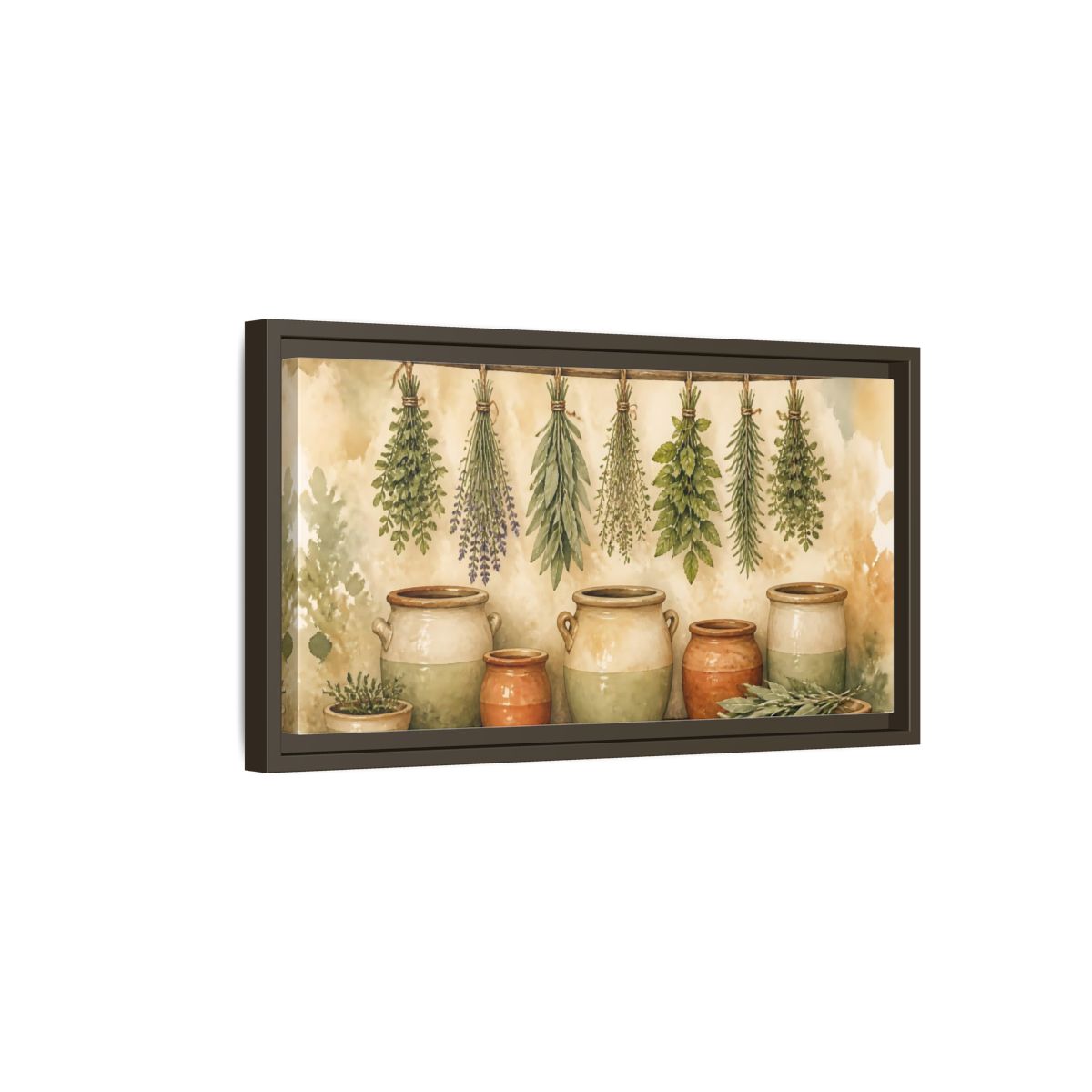 Side Mockup 7. Hanging Herbs And Crocks shown as framed canvas print